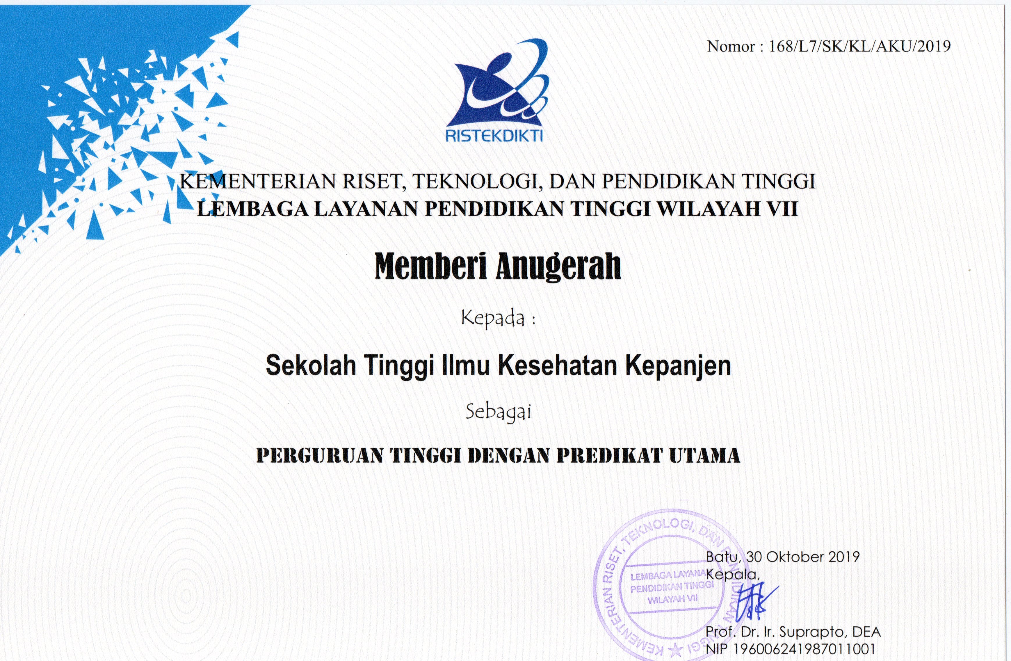 LLDIKTI Wilayah 7 Jawa Timur memberikan anugerah kepada STIKes Kepanjen sebagai Perguruan Tinggi dengan Predikat Utama